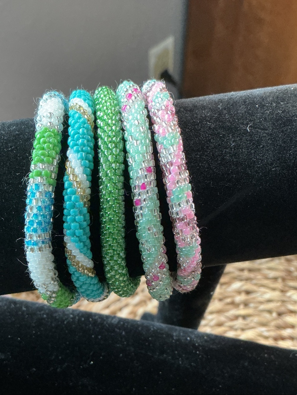 Sasha Seed Bead Spiral Bracelet Set in Green, Teal & Pink #9